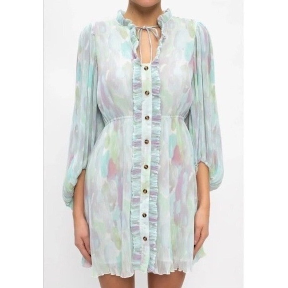 Ganni Pleated Georgette Watercolor Dress 38 US 6 Mini Button Front Ruffle Pastel